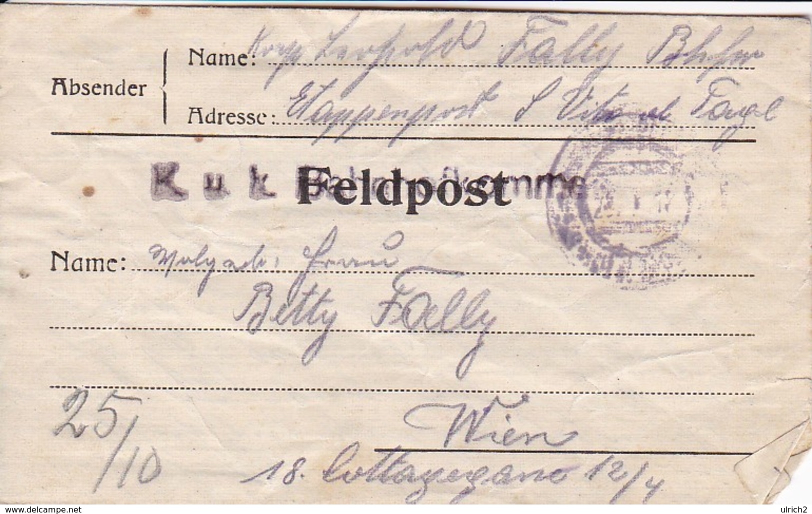 Feldpostbrief Etappenpost San Vito Al Tagliamento - K.u.k. Bahnhofskommando Nach Wien - 1918 (38541) - Briefe U. Dokumente