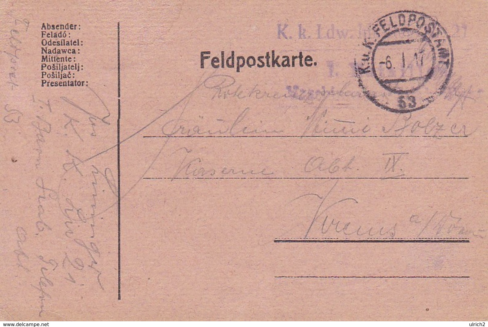 Feldpostkarte - K.k. Ldw. Inf. Regt 21 Nach Krems - Feldpost 53 - 1917  (38544) - Briefe U. Dokumente