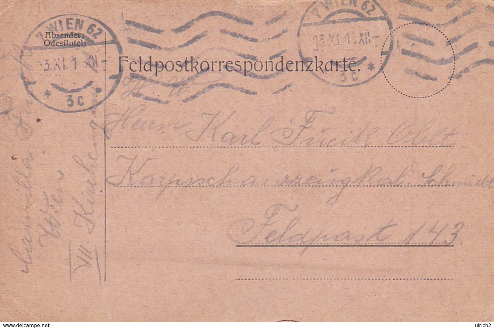 Feldpostkarte - Wien Nach Feldpost 143 - 1915 (38545) - Briefe U. Dokumente