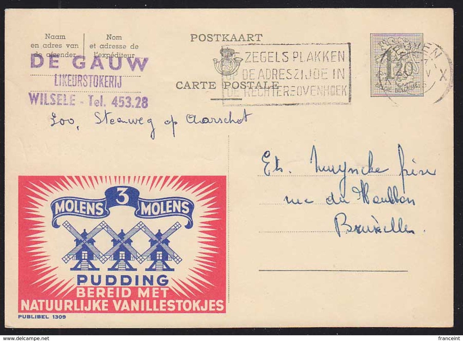 BELGIUM (1955) Windmills. Pudding With Vanilla. Belgian Publibel (used) No 1309 With Two-color Advertisement - Publibels