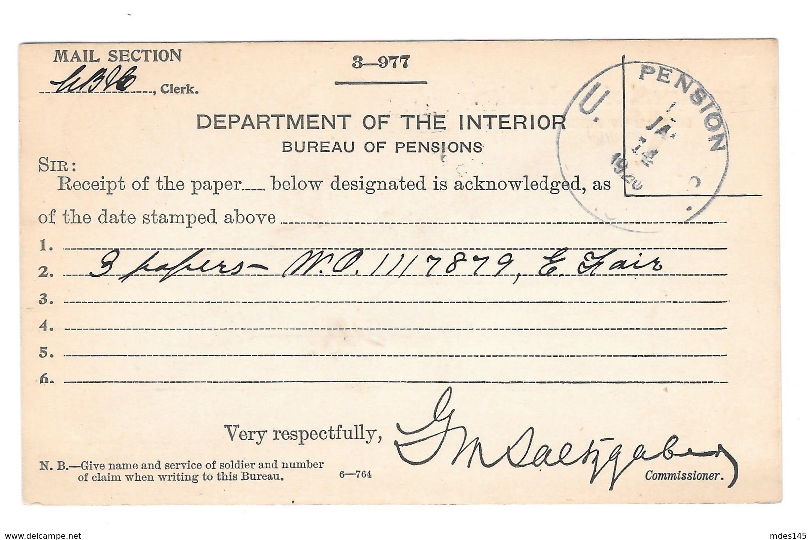 USA Dept Of Interior Official Penalty Card Bureau Of Pensions 1920 Receipt Of Papers - Marcophilie