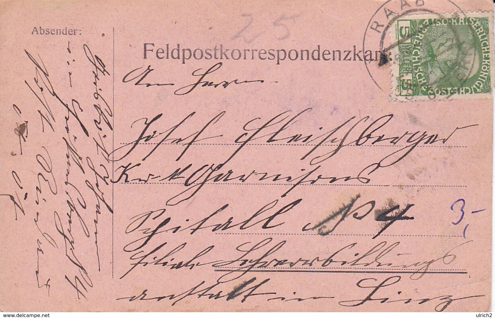 Feldpostkarte - Raab Nach Linz  - 1915 (38550) - Briefe U. Dokumente