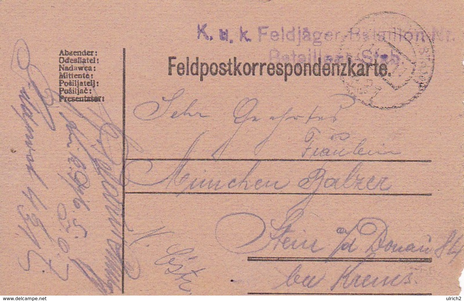 Feldpostkarte - K.u.k. Feldjäger-Bataillon 5 (?) - Feldpost 431 Nach Stein/Donau - 1917 (38553) - Briefe U. Dokumente