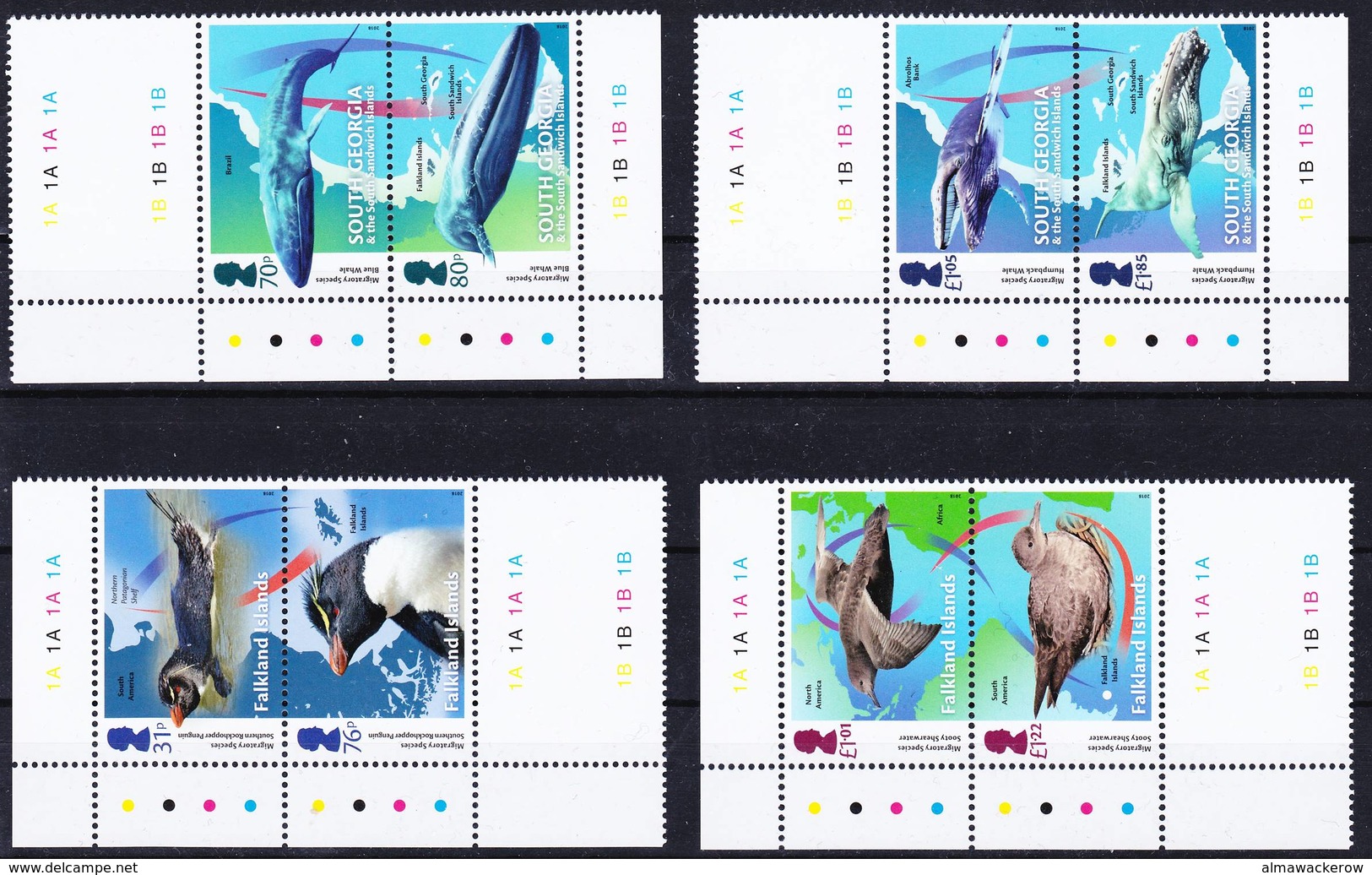 2019-0038 Falkland Islands 2018 Migratory Animals Complete Set Of 4 Pairs With Gutter Stamp! MNH ** - Falkland