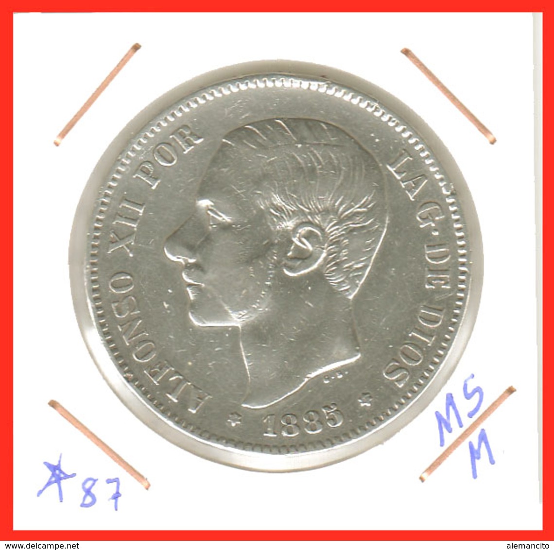 ESPAÑA MONEDA DE ALFONSO XII. 5 PESETAS PLATA 1887 --  M-MS  (*18-87) - Primeras Acuñaciones