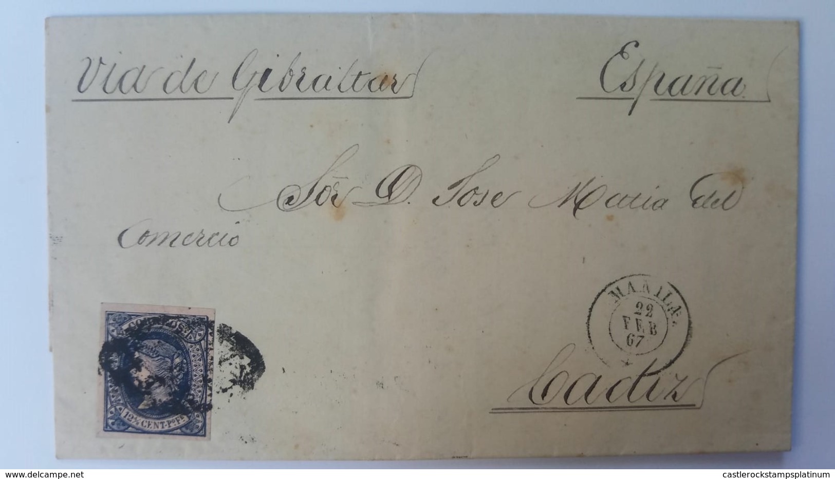 O) 1967 PHILIPPINES -POSTMARKS  STAR GRILL- MANILA, QUEEN ISABELLA II SCT 23 12 4/8c Blue, VIA DE GIBRALTAR TO CADIZ, RA - Philippines