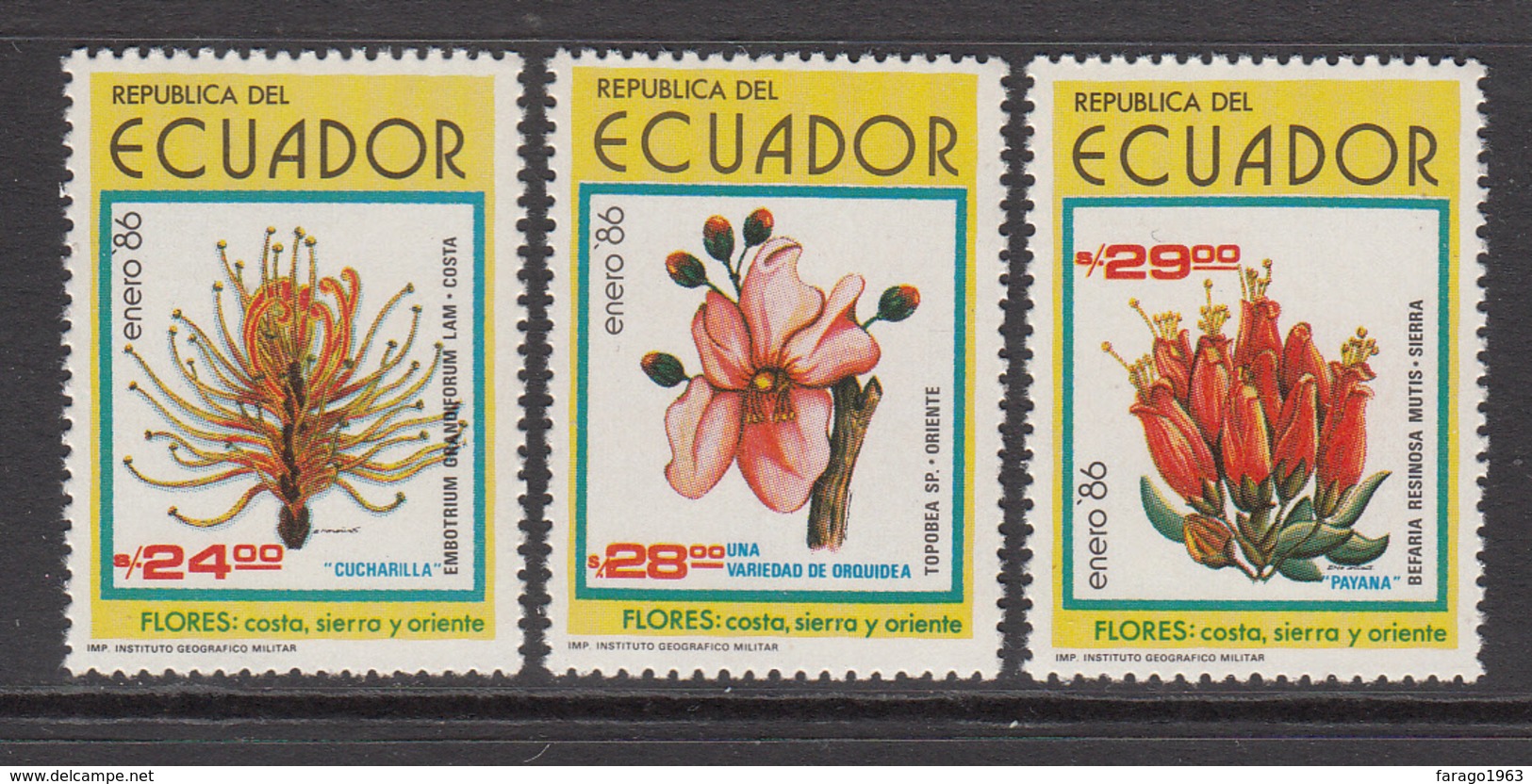 1986 Ecuador Flowers Fleurs  Complete Set Of 3  MNH - Equateur