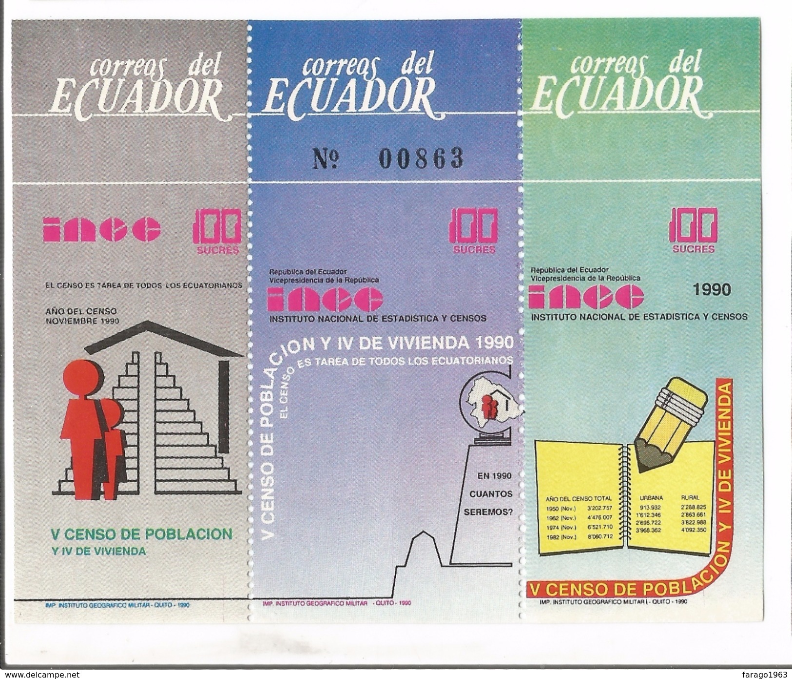 1990 Ecuador Census Complete Set Of 3 + Souvenir Sheet MNH - Equateur
