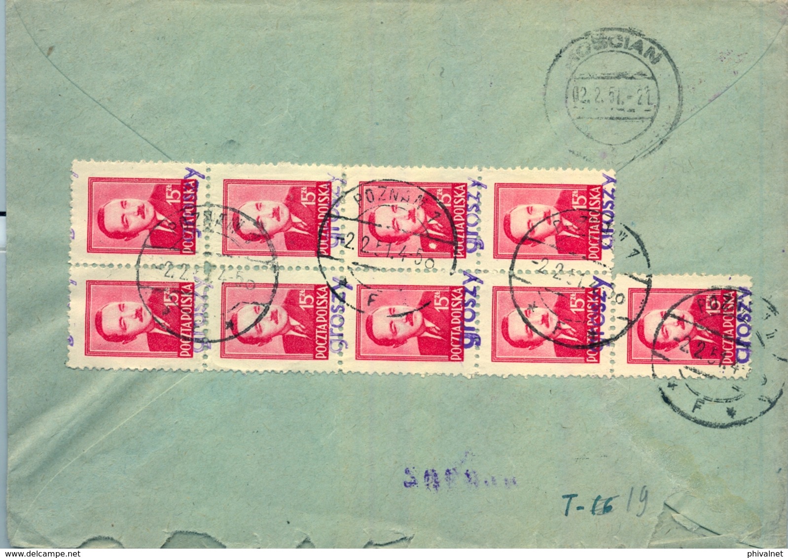 1951 , POLONIA , SOBRE CERTIFICADO CIRCULADO , POZNAN - KOSCIAN , FR. SOBRECARGA " GROSZY " - Covers & Documents
