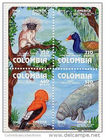 Lote 1924-7B, Colombia,1993, Sello, Stamp, 4v, Upaep, Ave, Manati, Mono, Bird, Manatee, Monkey - Colombia