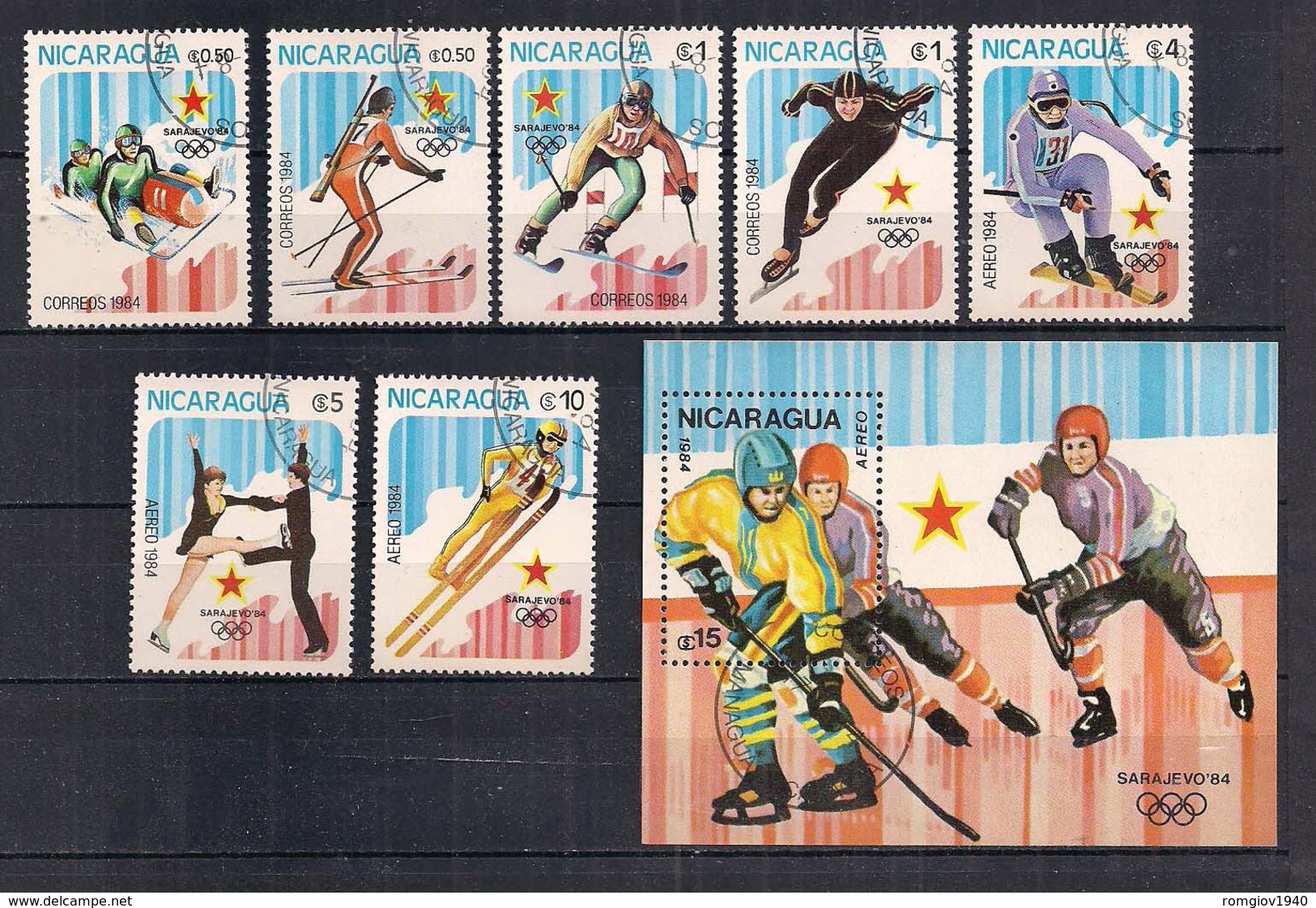 NICARAGUA   1984   GIOCHI OLIMPICI A SARAJEVO   YVERT 1315-1318+POSTA AEREA 1050-1052+BF.163  USATA   XF - Nicaragua