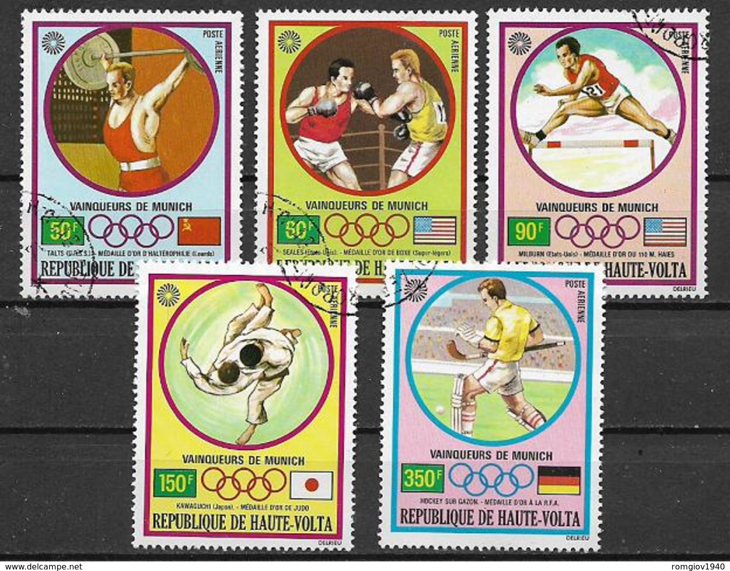 ALTO VOLTA 1973   POSTA AEREA VINCITORI DELLE MEDAGLIE D'ORO AI GIOCHI DI MONACO YVERT. 115-119 USATA VF - Alto Volta (1958-1984)