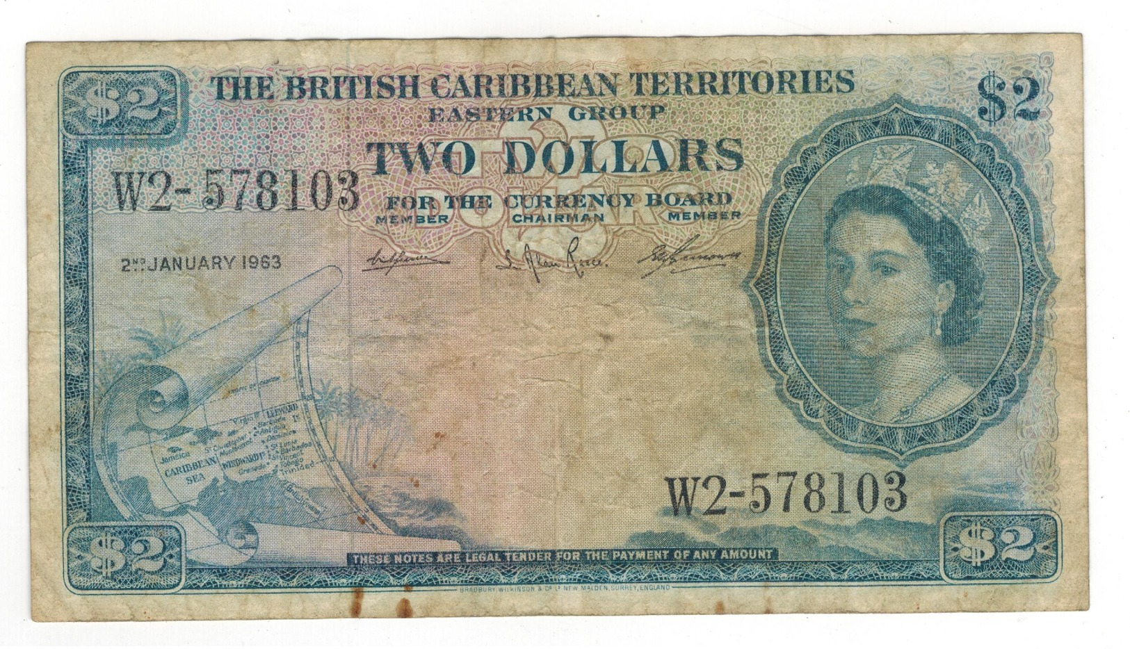 British Caribbean Territories, 2 Dollars 1963, USED, SEE SCAN.  Free Ship. To USA. - Other - America