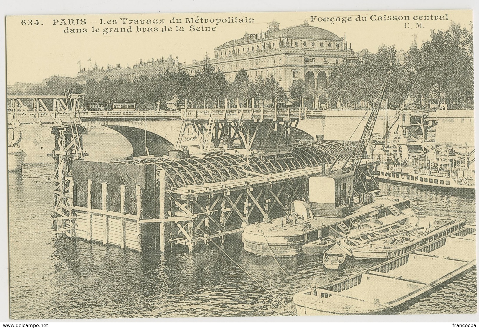 1020 - PARIS - Les Travaux Du Métropolitain Dans Le Grand Bras De La Seine -y- Fonçage Du Caisson Central - Transport Urbain En Surface