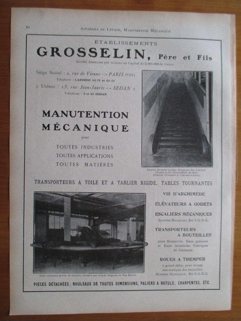 1926 -  Escalateur Du Métro Et Table Tournante Grand Magasin- GROSSELIN Sedan - Page Originale ARCHITECTURE INDUSTRIELLE - Tools