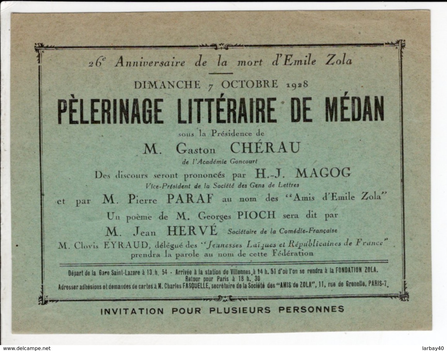 Invitation Au Pèlerinage Littéraire De Medan 1928 Emile Zola - Tickets D'entrée