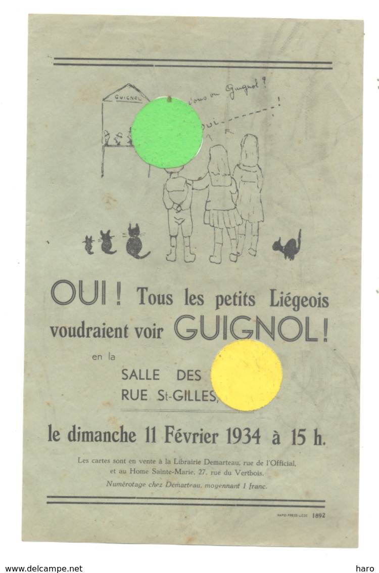 LIEGE, Affiche ( +/- 14 X 22 Cm) Théâtre De Marionnettes , GUIGNOL Enfant,... 1934 (b243) - Publicités