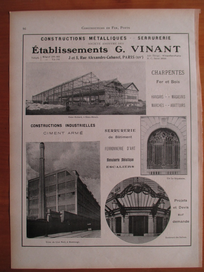 1926 - Construction Usine Blanc Mesnil & Montrouge - Ets VINANT  - Page Originale ARCHITECTURE INDUSTRIELLE - Architecture