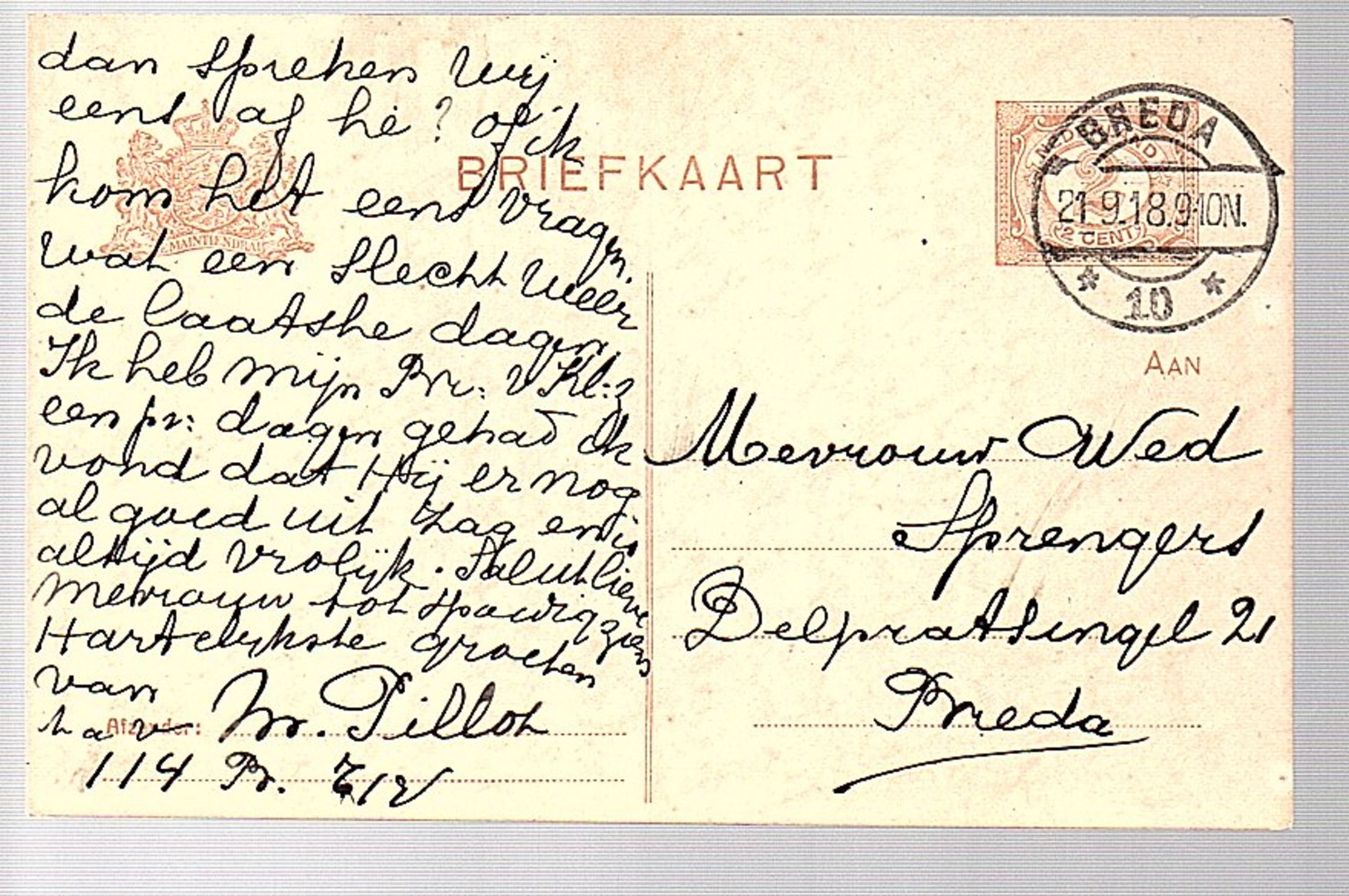 1918 Breda-10 Pillot > Weduwe Sprengers Delpratsingel 21 (BP-29) - Postal Stationery