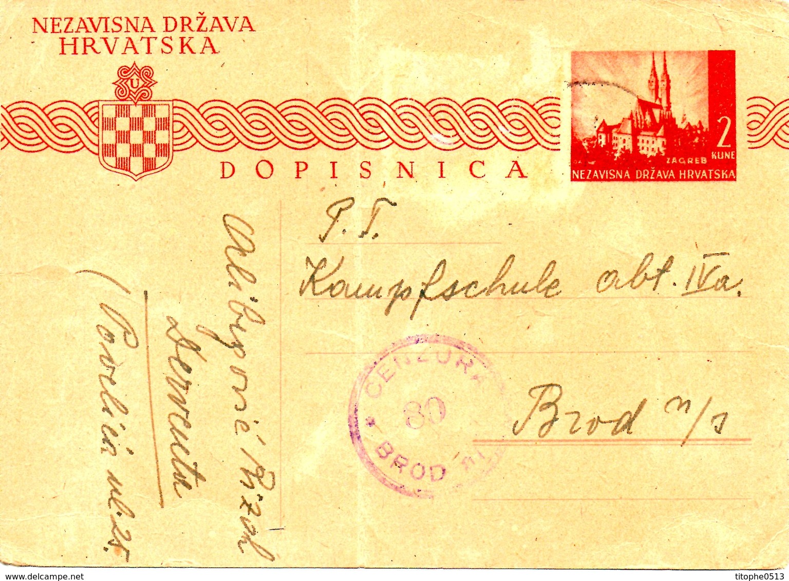 CROATIE. N°34 De 1941 Sur Ayant Circulé. Carte Pré-timbrée écrite En 1944. Cenzura Brod. - Croazia