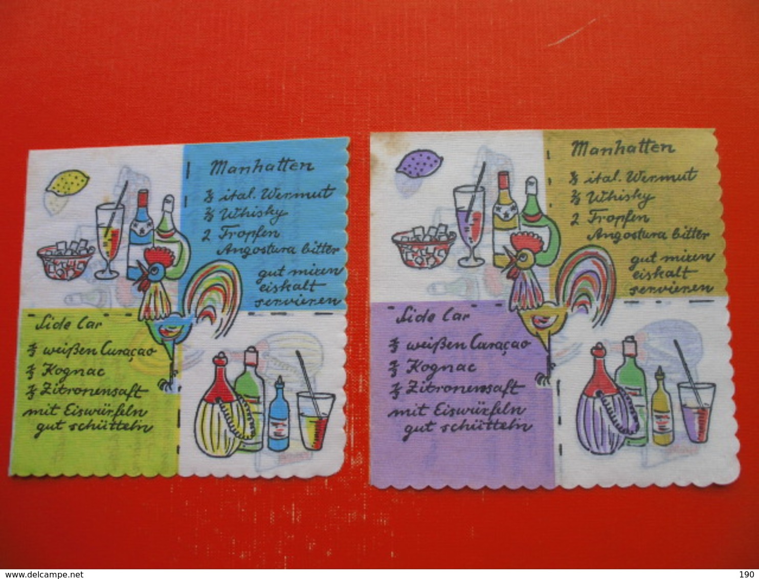 2 Old Paper Napkins.Drinks.Manhatten,Side Car - Servilletas Publicitarias