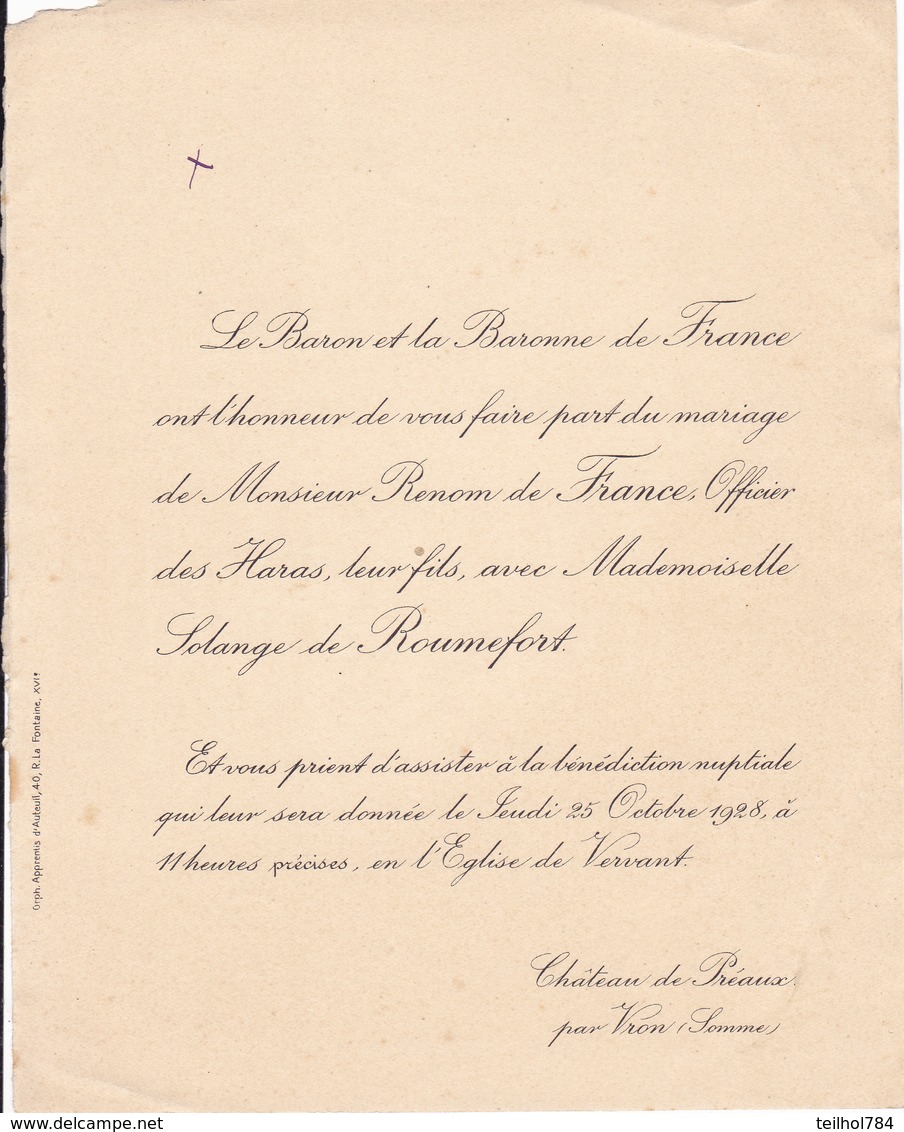 CHATEAU DE PREAUX PAR VRON SOMME  -  FAIRE PART MARIAGE DE MONSIEUR RENOM DE FRANCE (1928) - Boda