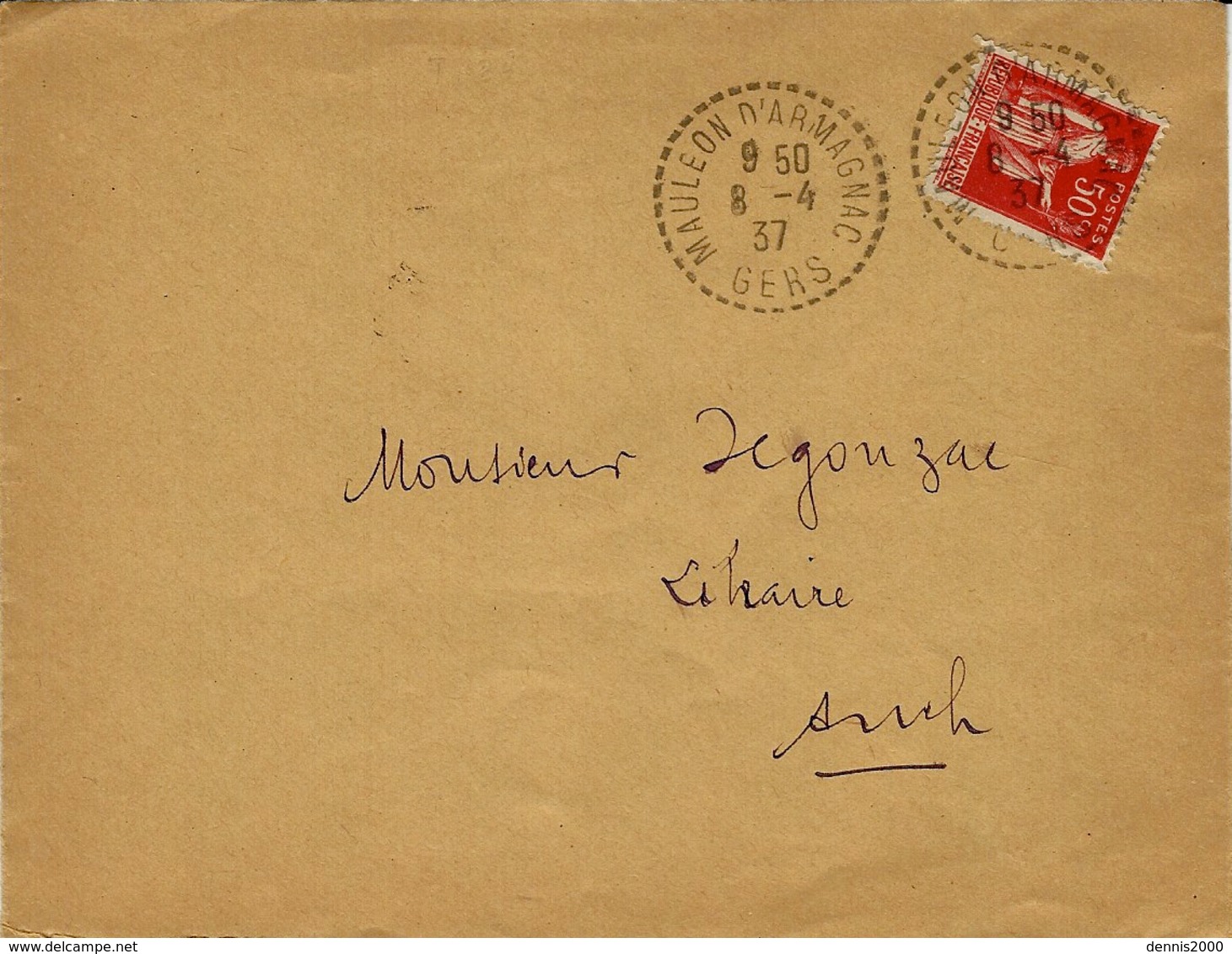 1937- Enveloppe De Mauléon D'Armagnac ( Gers )  Cad Facteur-receveur  Sur 50 C Paix - 1921-1960: Modern Period