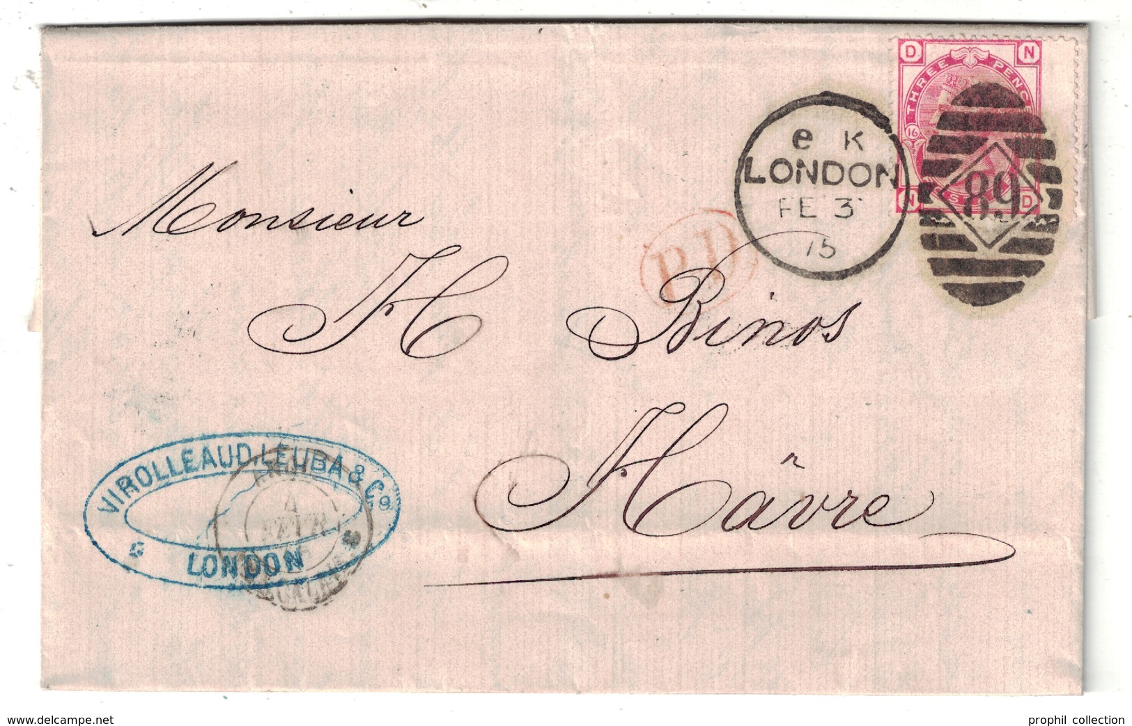 1875 - LETTRE DE LONDRES LONDON CACHET D'ENTRÉE ANGLETERRE PAR AMBULANT CALAIS Pour LE HAVRE PD ROUGE - 1849-1876: Période Classique