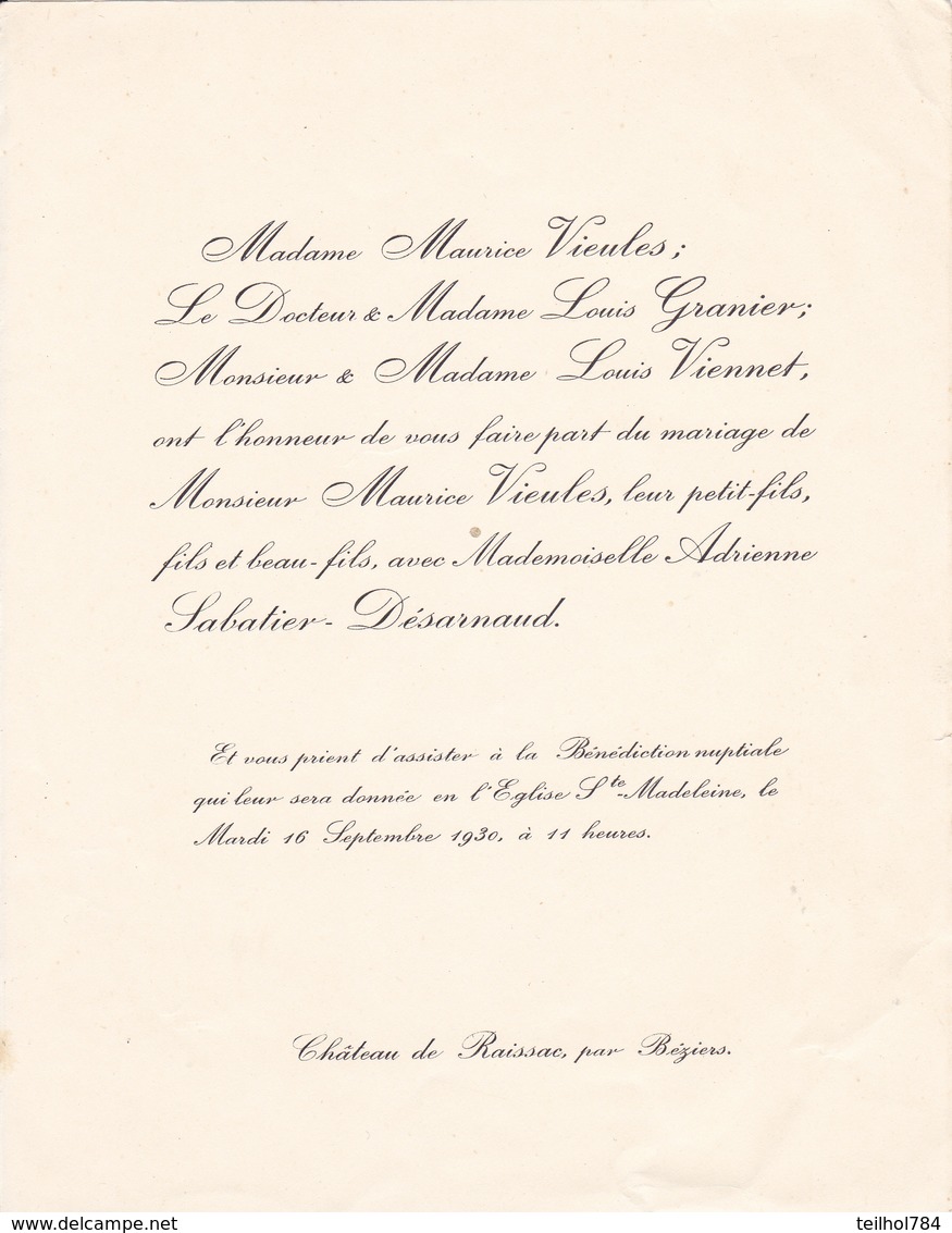 CHATEAU DE RAISSAC PAR BEZIERS  -  FAIRE PART DE MARIAGE DE MONSIEUR MAURICE VIEULES 1930 - Boda