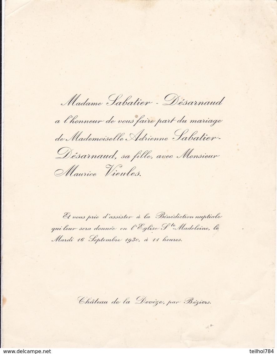 CHATEAU DE LA DEVEZE PAR BEZIERS  -  FAIRE PART DE MARIAGE DE Melle ADRIENNE SABATIER DESARNAUD 1930 - Hochzeit