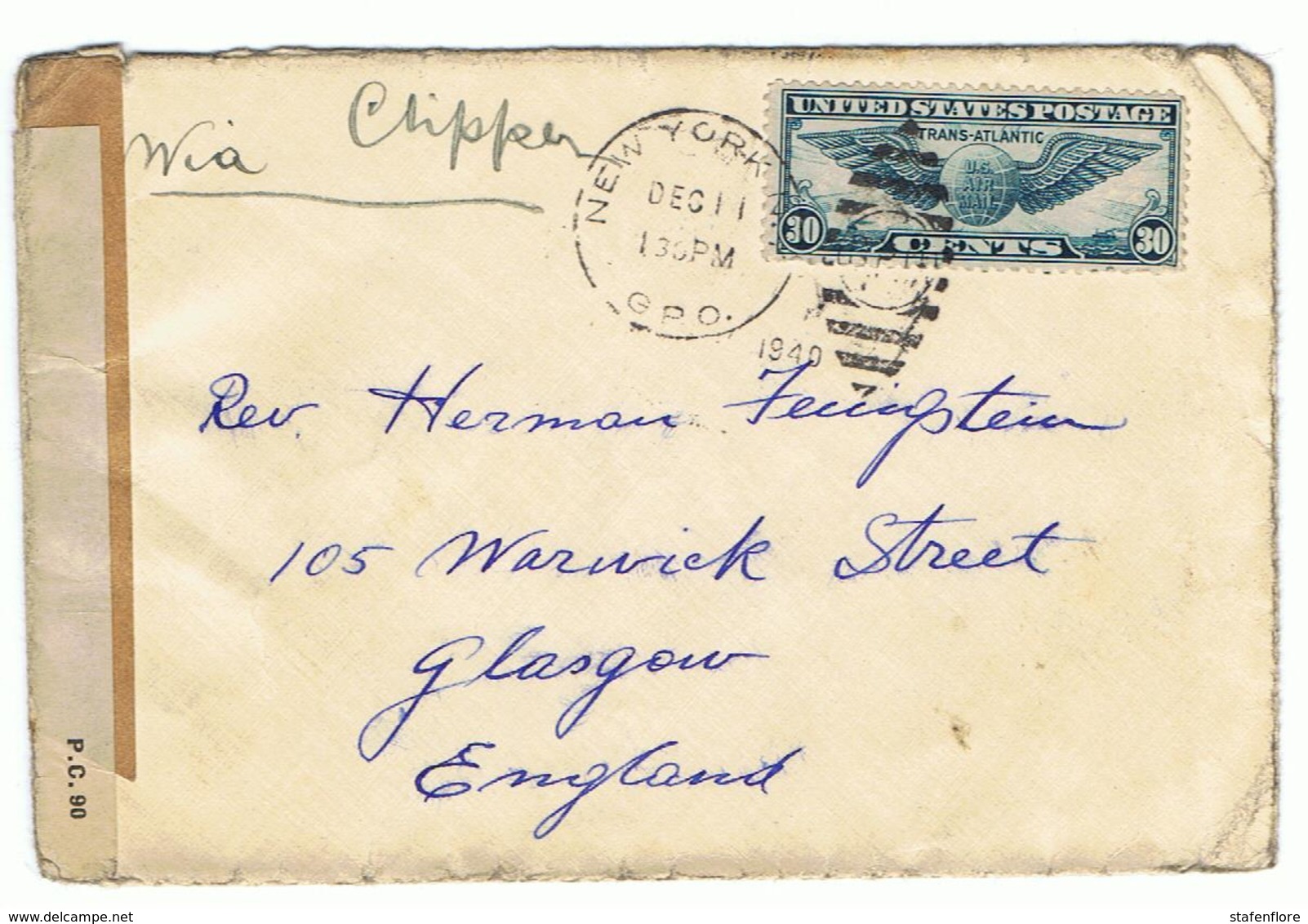 Mooie Militaire Post 1940 Met Censuur Stempel Via Clipper Verstuurd Naar USA Examiner 583 - Autres & Non Classés
