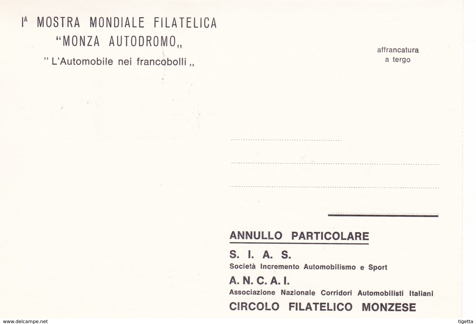 ITALIA  MARCOFILIA 1^ MOSTRA MONDIALE "L' AUTOMOBILE NEI FRANCOBOLLI" AUTODROMO DI MONZA 1966 CARTOLINA NUMERATA - Otros & Sin Clasificación