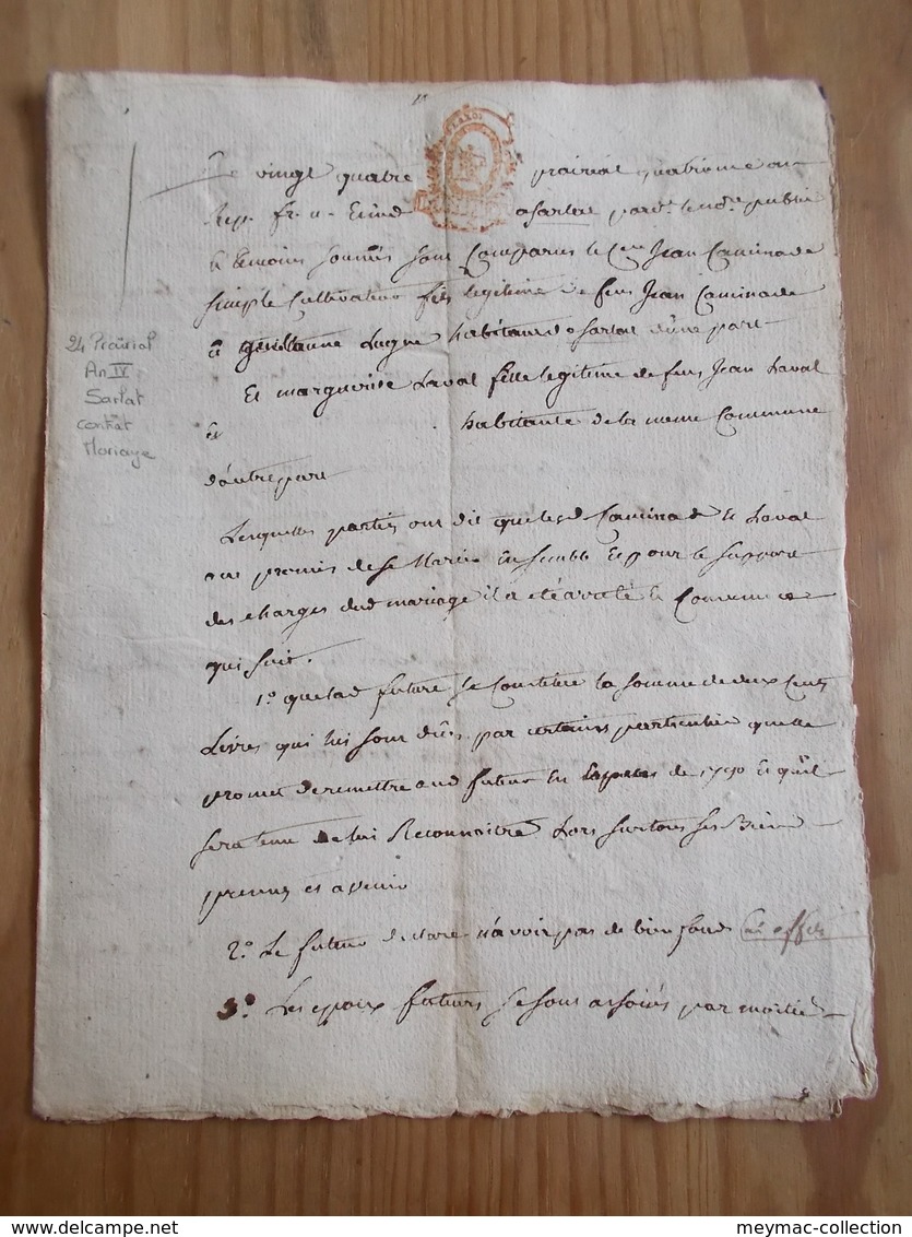 FISCAL FISCAUX Dimension Acte 4 Sols DORDOGNE 1796 SARLAT 24 PRAIRIAL AN IV Timbre Rouge Mariage Contrat - Autres & Non Classés