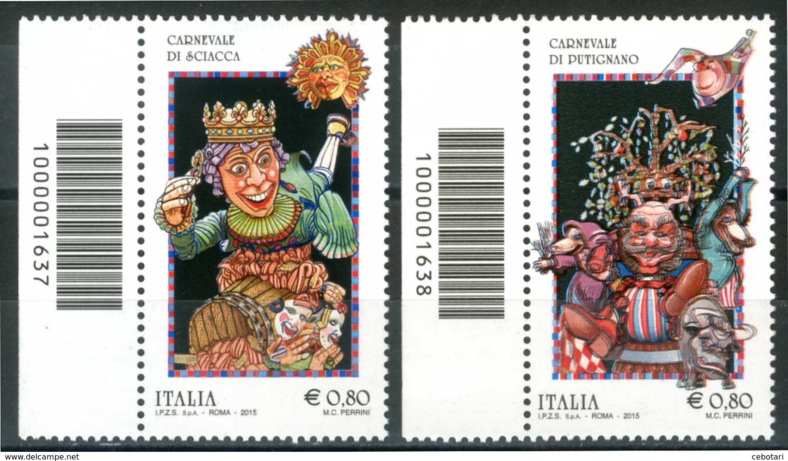 ITALIA / ITALY 2015** - Carnevale Di Sciacca E Putignano - 2 Val. MNH, Con Codice A Barre, Come Da Scansione - Codici A Barre