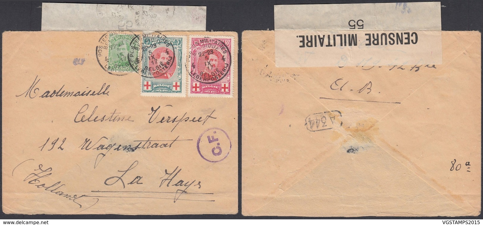 Belgique 1917 ( 05/09/17 ) - COB 132+133+137 Sur Lettre Censure Poste Militaire Nº4 (BE) DC1353 - 1914-1915 Croix-Rouge