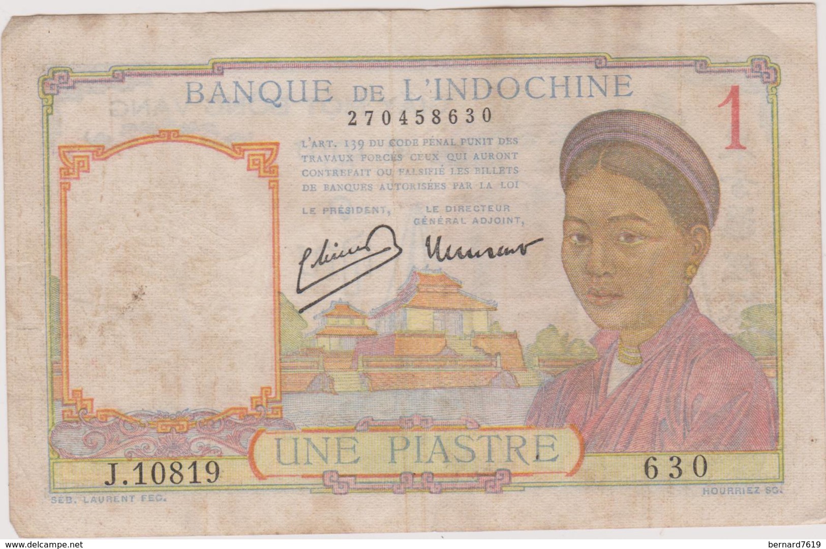 Billet  Banque De L'indochine Valeur 1 - Indocina