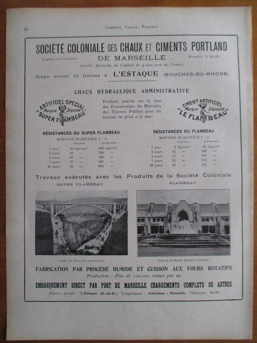 1926 - Construction Palais à Grenoble -Ste Coloniale Chaux & Ciments L'Estaque- Page Originale ARCHITECTURE INDUSTRIELLE - Architecture