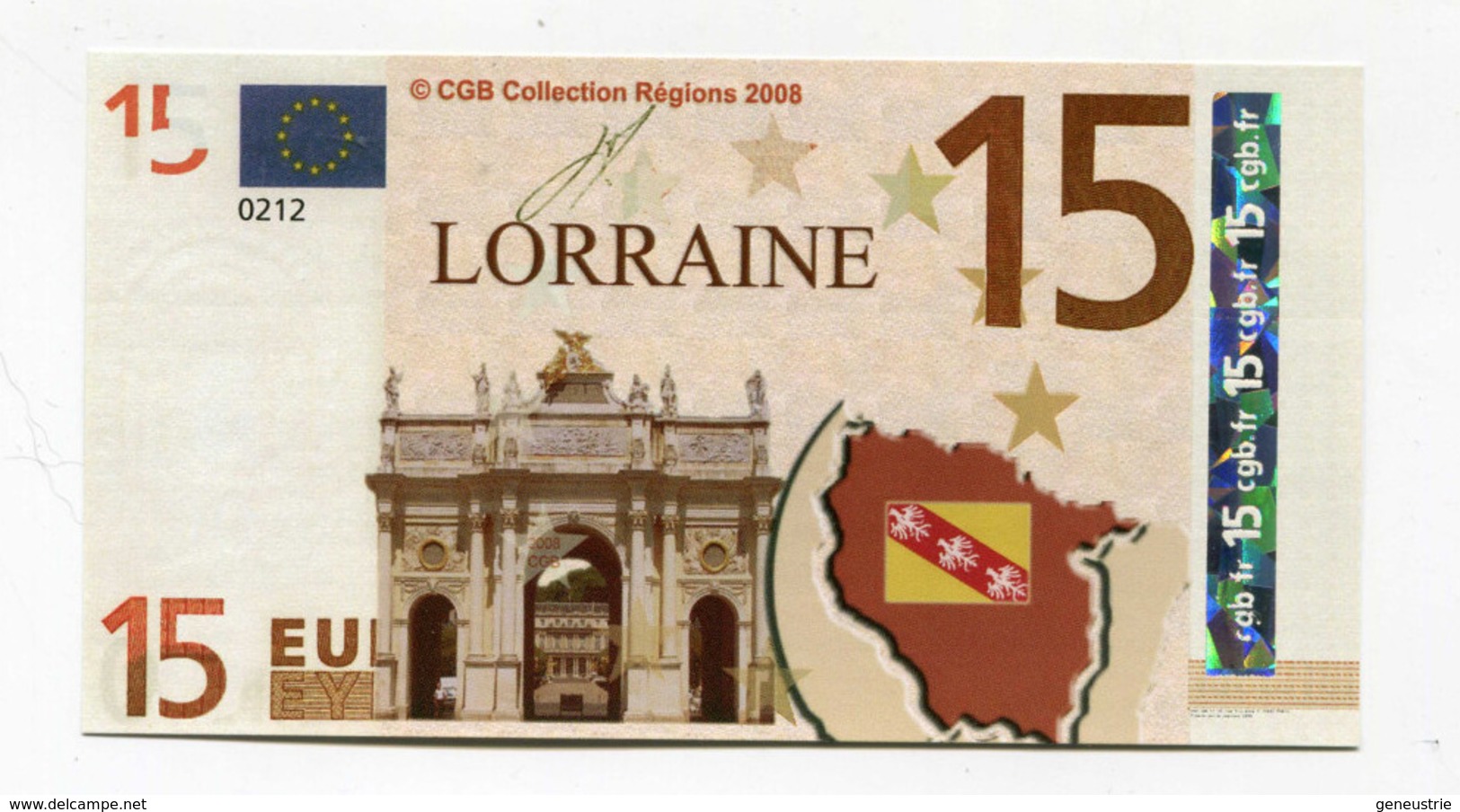 Billet De 15 Euros "Lorraine" 2008 - CGB - Billet Fictif 15€ - Banknote - Other & Unclassified