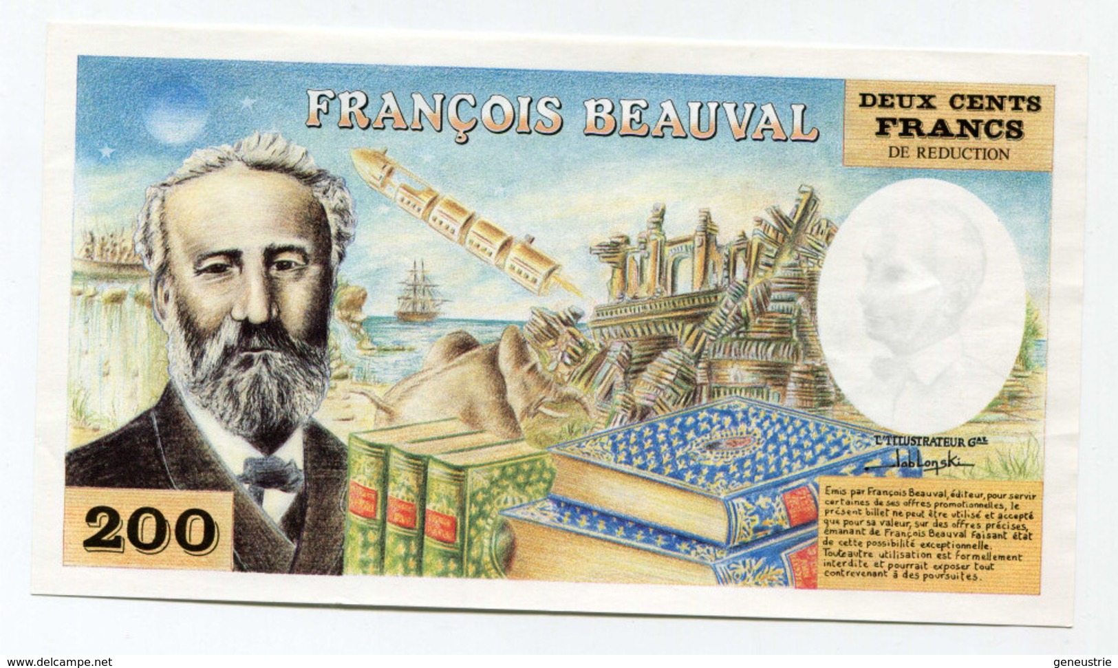 Très Beau Spécimen De Billet De 200 Francs "Jules Verne" Editions François Beauval - Années 80 - Fictifs & Spécimens