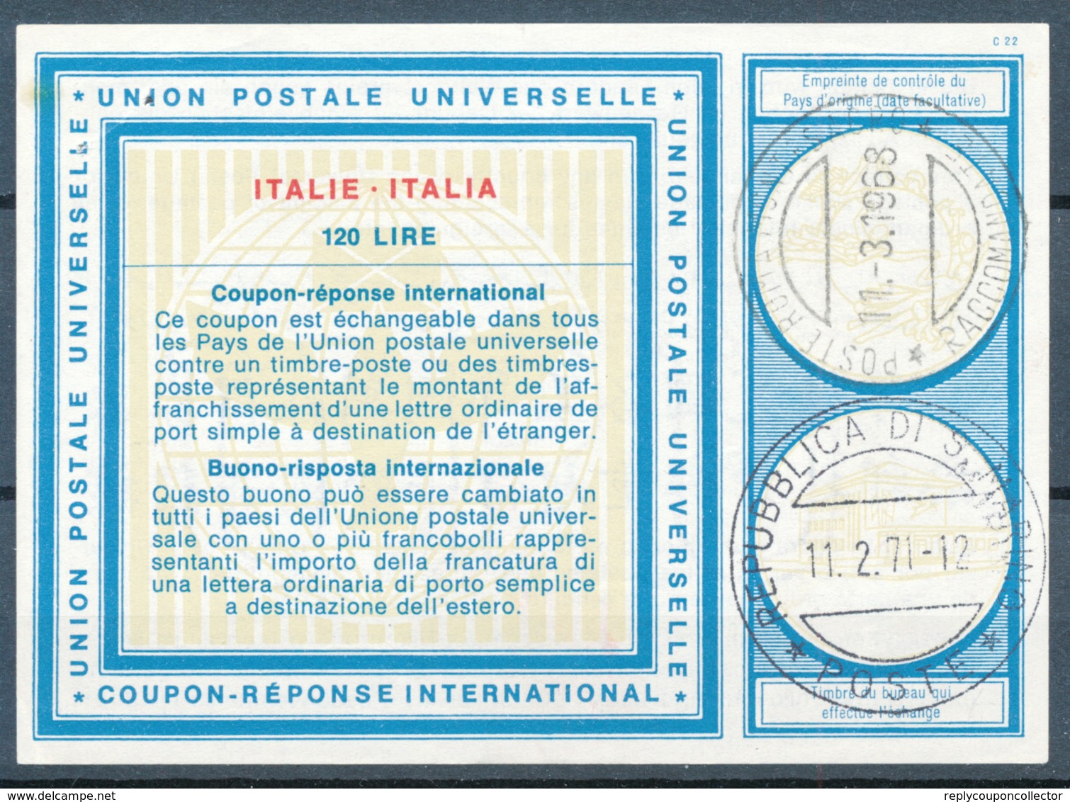 ROMA / Italia  - 1968 , Type Vi18 ,  120 LIRE , Redeemed:  SAN MARINO  - Reply Coupon Reponse, Antwortschein - 1961-70: Gebraucht
