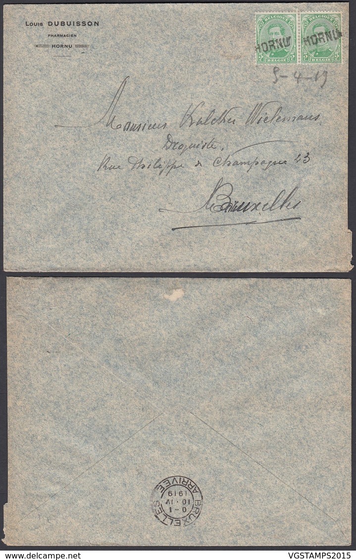 Belgique 1919 - COB 137x2 Sur Lettre Oblitération Fortune " HORNU " (BE) DC1367 - Lettres & Documents