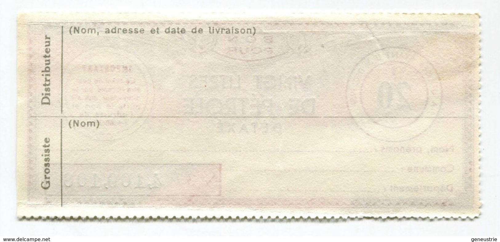 Billet De Nécessité "Bon Pour Vingt Litres De Pétrole Détaxé" Jeton-papier - Coupon Avant 1959 - Petrol Bank Note - Bons & Nécessité