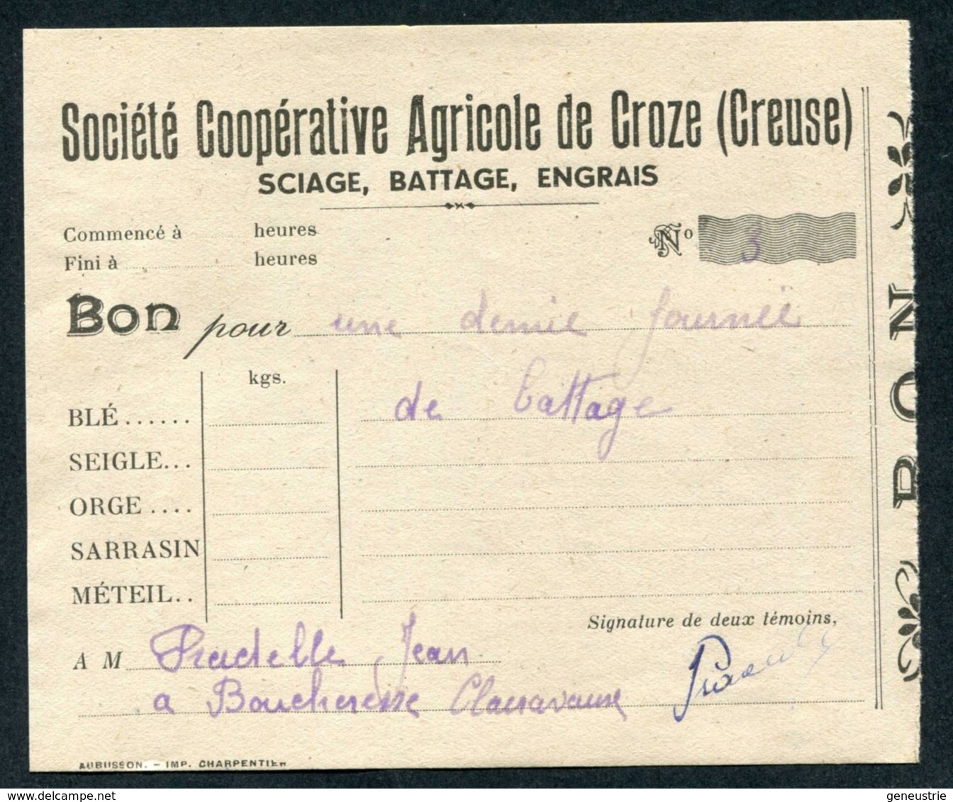 Billet "Bon Pour Une Demie Journée De Battage - Sté Coopérative Agricole De Croze (Creuse) Jeton-papier - Années 20/30 - Bonos
