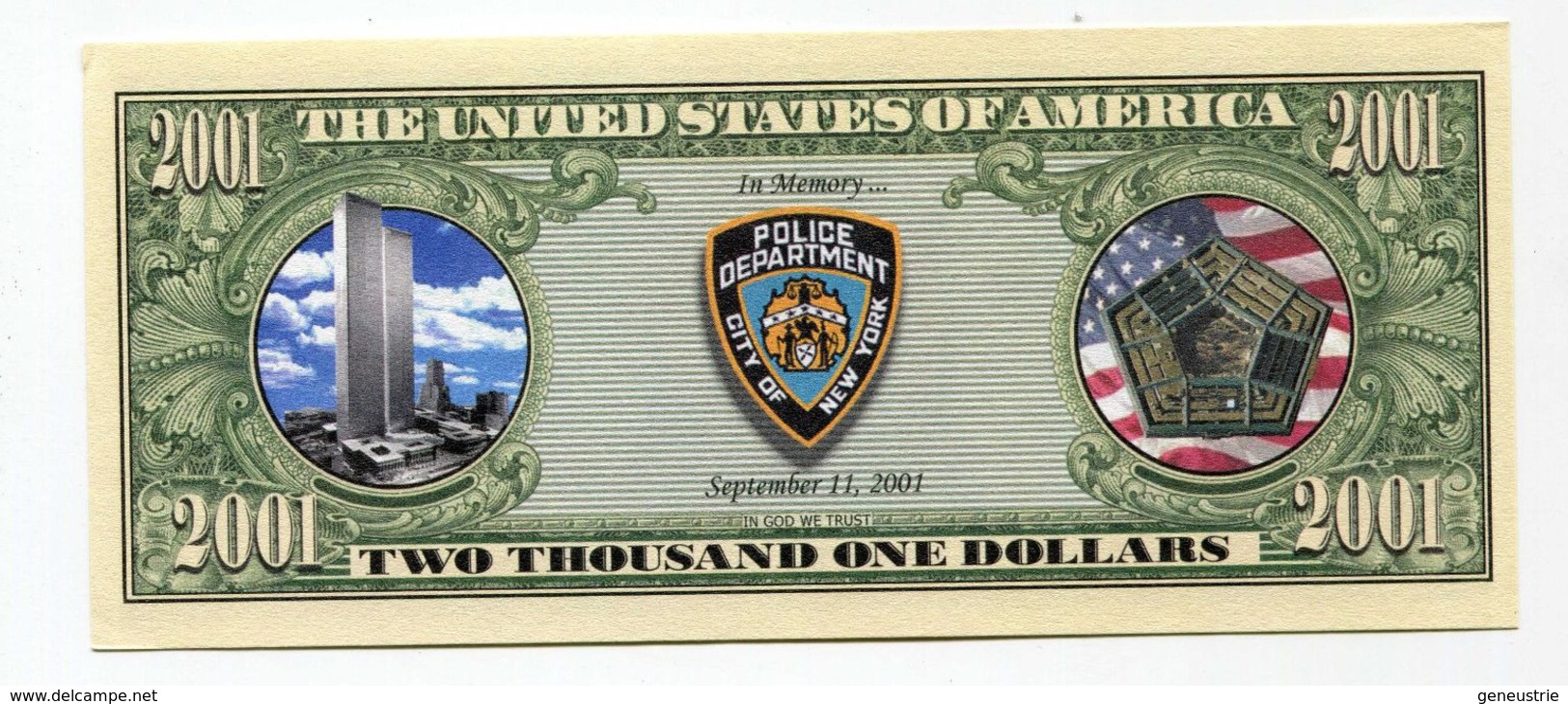 Beau Billet Fantaisie 2001 Dollars Police Department New York - Word Trade Center - Twin Towers - United States Banknote - Autres & Non Classés