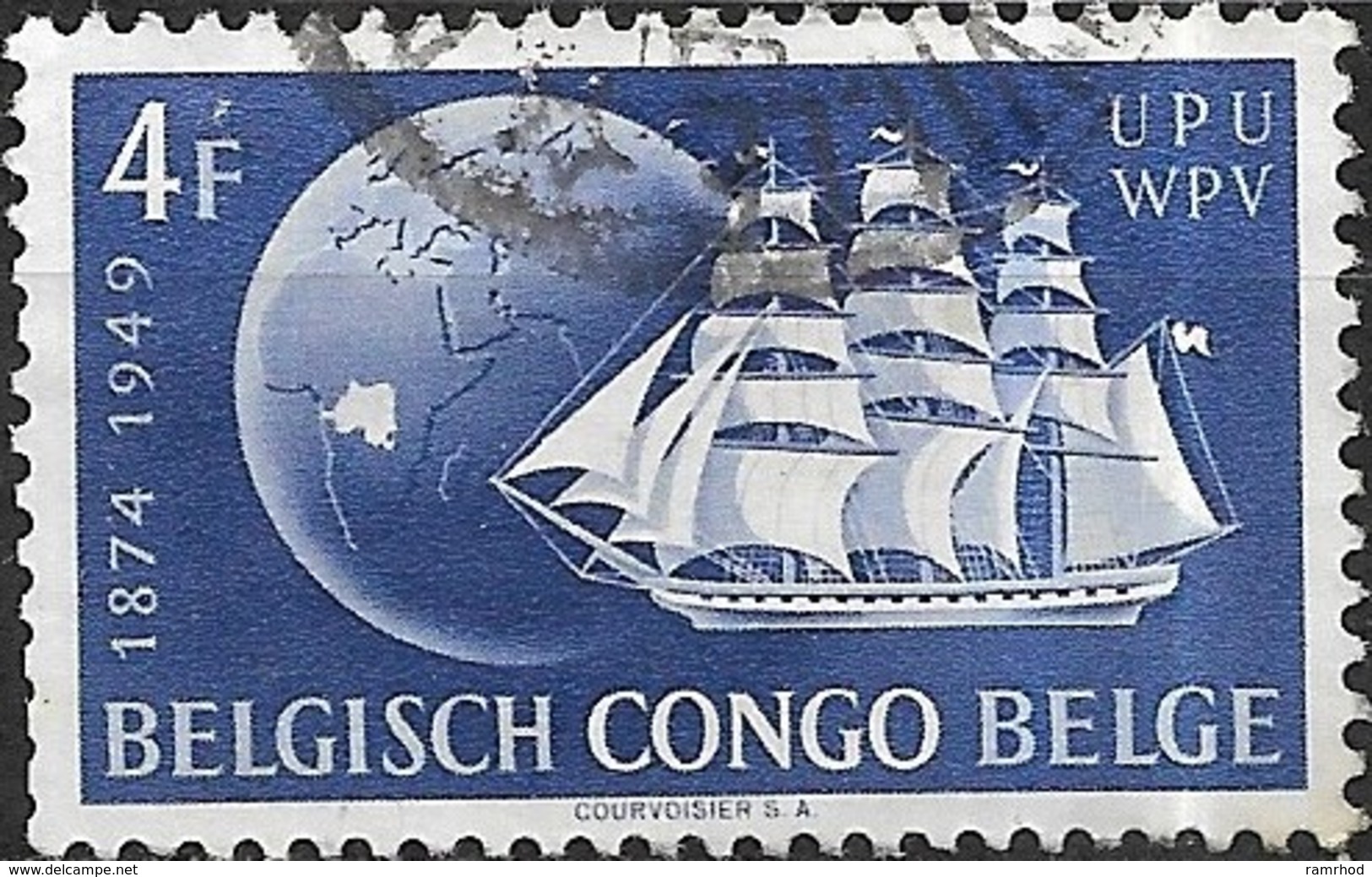 BELGIAN CONGO 1949 75th Anniv Of U.P.U - 4f Globe And 19th-century Full-rigged Ship FU - Oblitérés