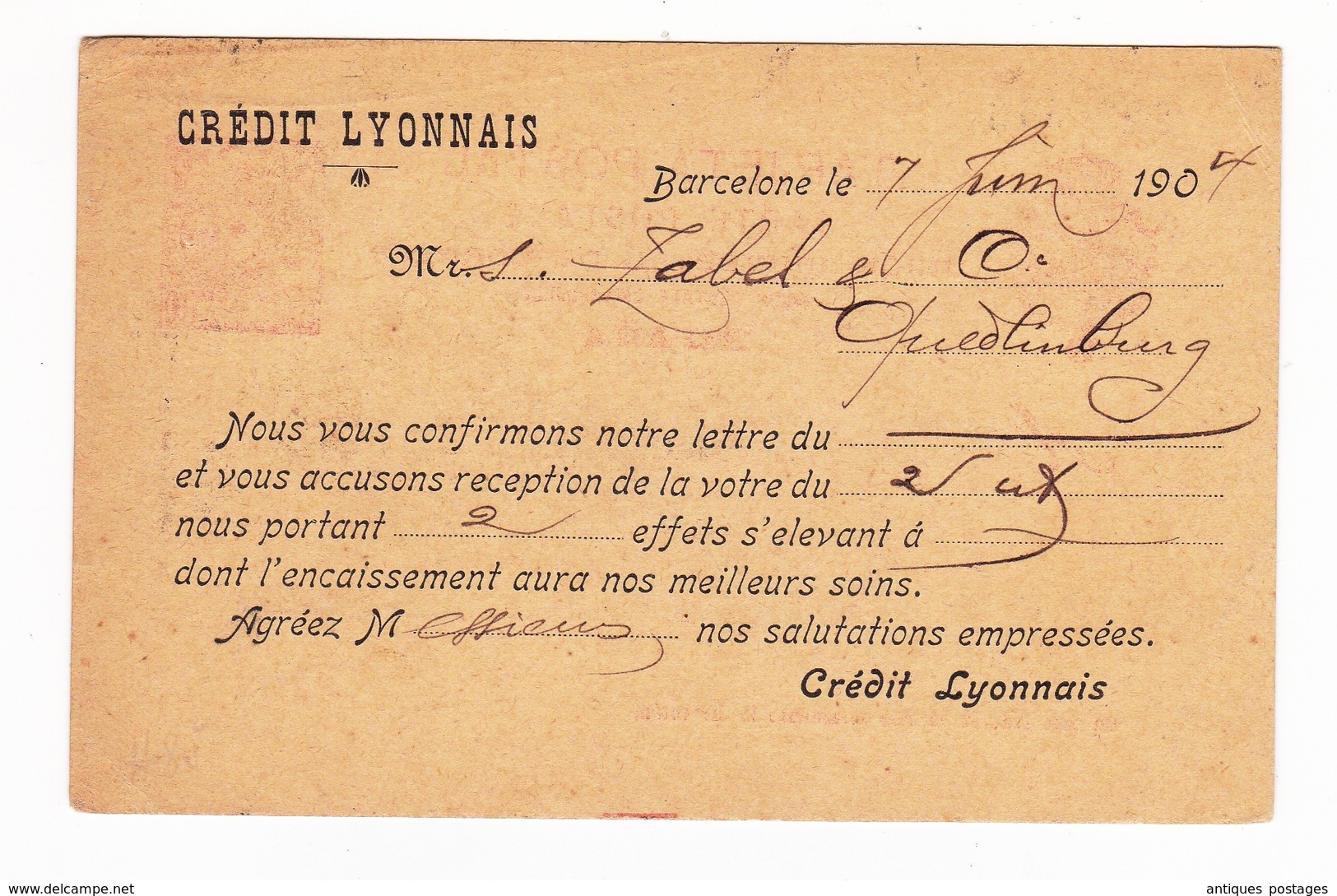 Targeta Postal 1904 Barcelone Barcelona España Crédit Lyonnais Quedlinbourg Deutschland Banque Bank Zabel - 1850-1931