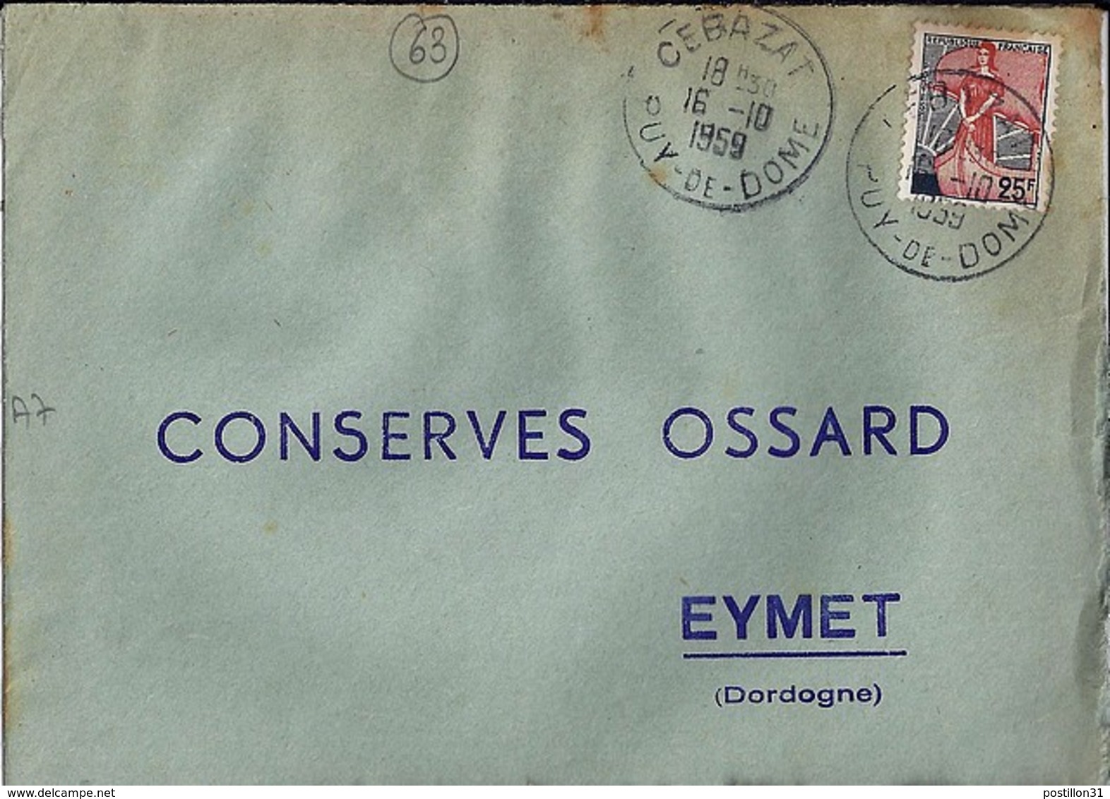 63 - PUY DE DOME - CEBAZAT - 1959 -  TàD DE TYPE A7 - Manual Postmarks