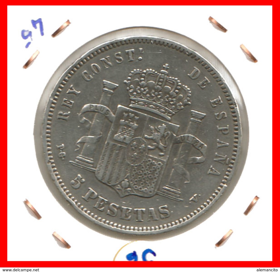 ESPAÑA MONEDA DE ALFONSO XIII. 5 PESETAS PLATA 1894 -- V-PG - Primeras Acuñaciones