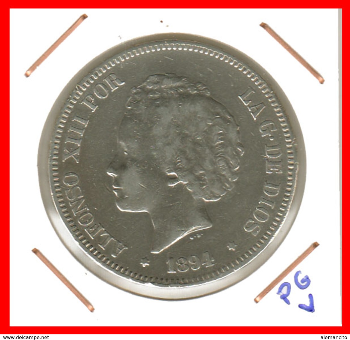 ESPAÑA MONEDA DE ALFONSO XIII. 5 PESETAS PLATA 1894 -- V-PG - Primeras Acuñaciones