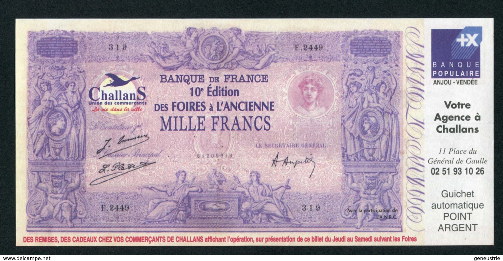 Beau Billet Fictif Fantaisie 1000 Francs "10e Edition Des Foires à L'Ancienne Challans - Banque Populaire Anjou Vendée" - Fictifs & Spécimens